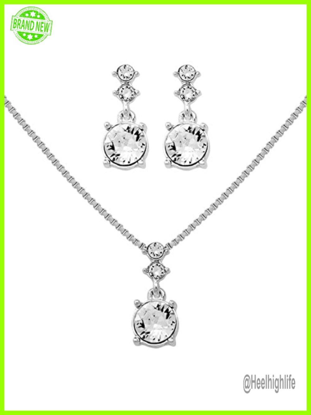 Crystal Necklace Earring Set Adjustable 17 Inch Silver Tone